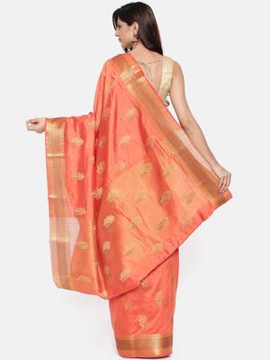 CLASSICATE from the house of The Chennai Silks  Women's Orange Dupion Saree With Blouse 2