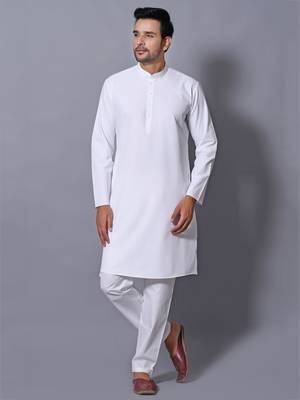 Men's White Cotton Blend Patterned Straight Kurta Payjama Set 1