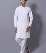 Men's White Cotton Blend Patterned Straight Kurta Payjama Set