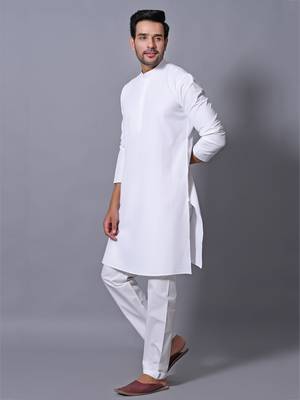 Men's White Cotton Blend Patterned Straight Kurta Payjama Set 2