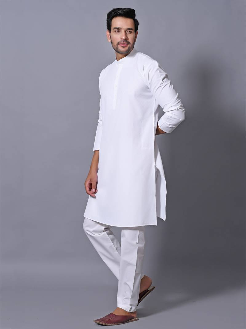 Men's White Cotton Blend Patterned Straight Kurta Payjama Set