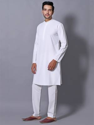 Men's White Cotton Blend Patterned Straight Kurta Payjama Set 3