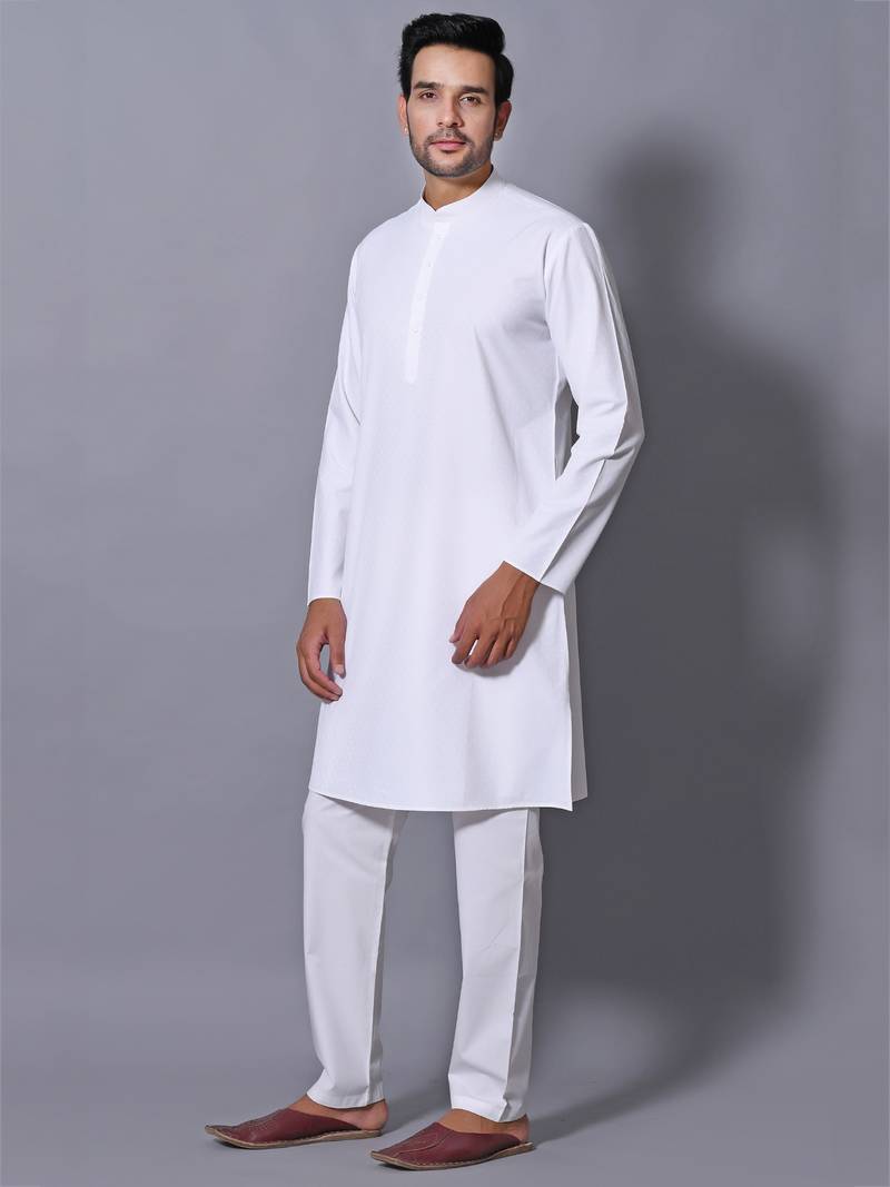 Men's White Cotton Blend Patterned Straight Kurta Payjama Set