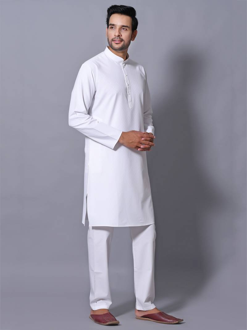 Men's White Cotton Blend Patterned Straight Kurta Payjama Set