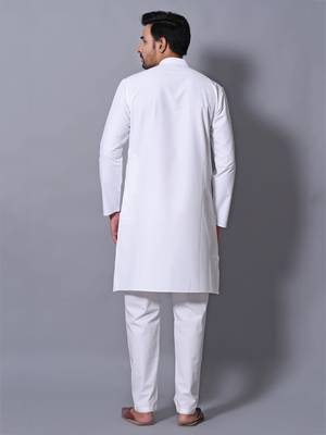 Men's White Cotton Blend Patterned Straight Kurta Payjama Set 5