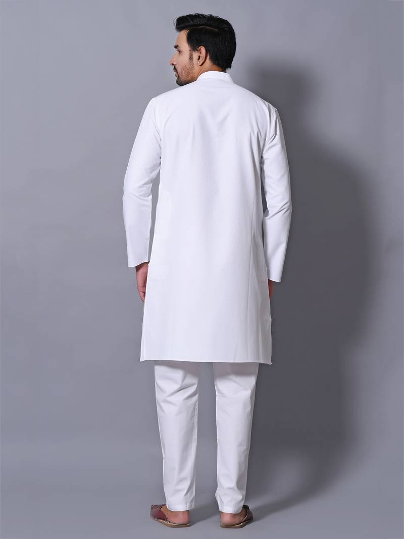 Men's White Cotton Blend Patterned Straight Kurta Payjama Set