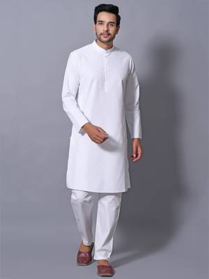 Men's White Cotton Blend Patterned Straight Kurta Payjama Set 1