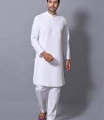 Men's White Cotton Blend Patterned Straight Kurta Payjama Set
