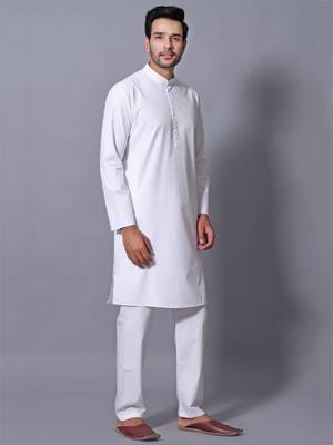 Men's White Cotton Blend Patterned Straight Kurta Payjama Set 2