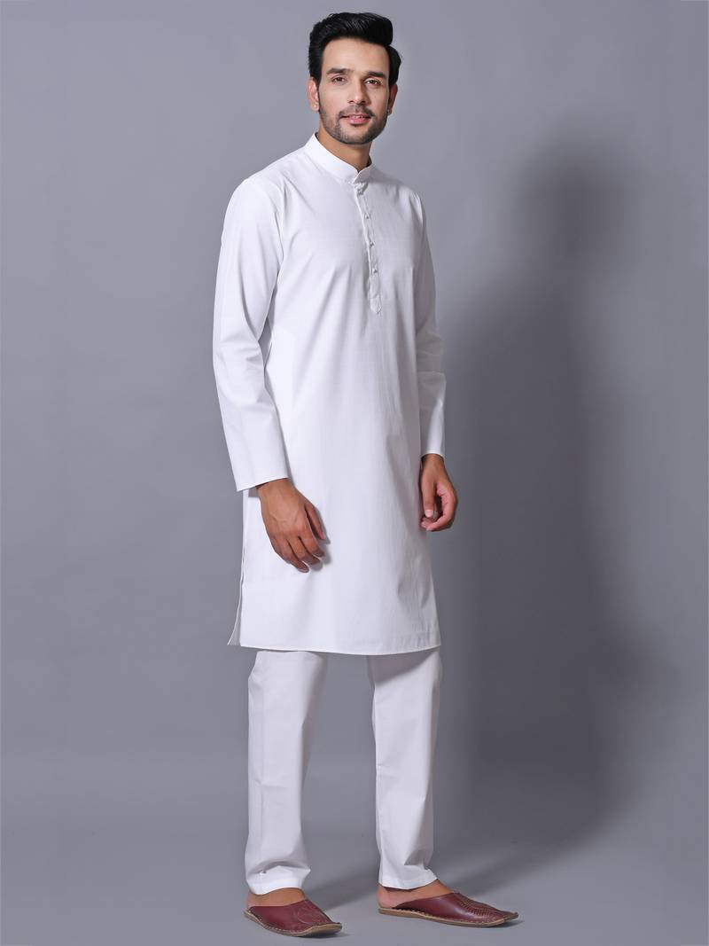 Men's White Cotton Blend Patterned Straight Kurta Payjama Set