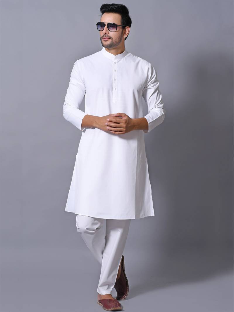 Men's White Cotton Blend Patterned Straight Kurta Payjama Set