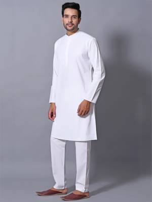 Men's White Cotton Blend Patterned Straight Kurta Payjama Set 4