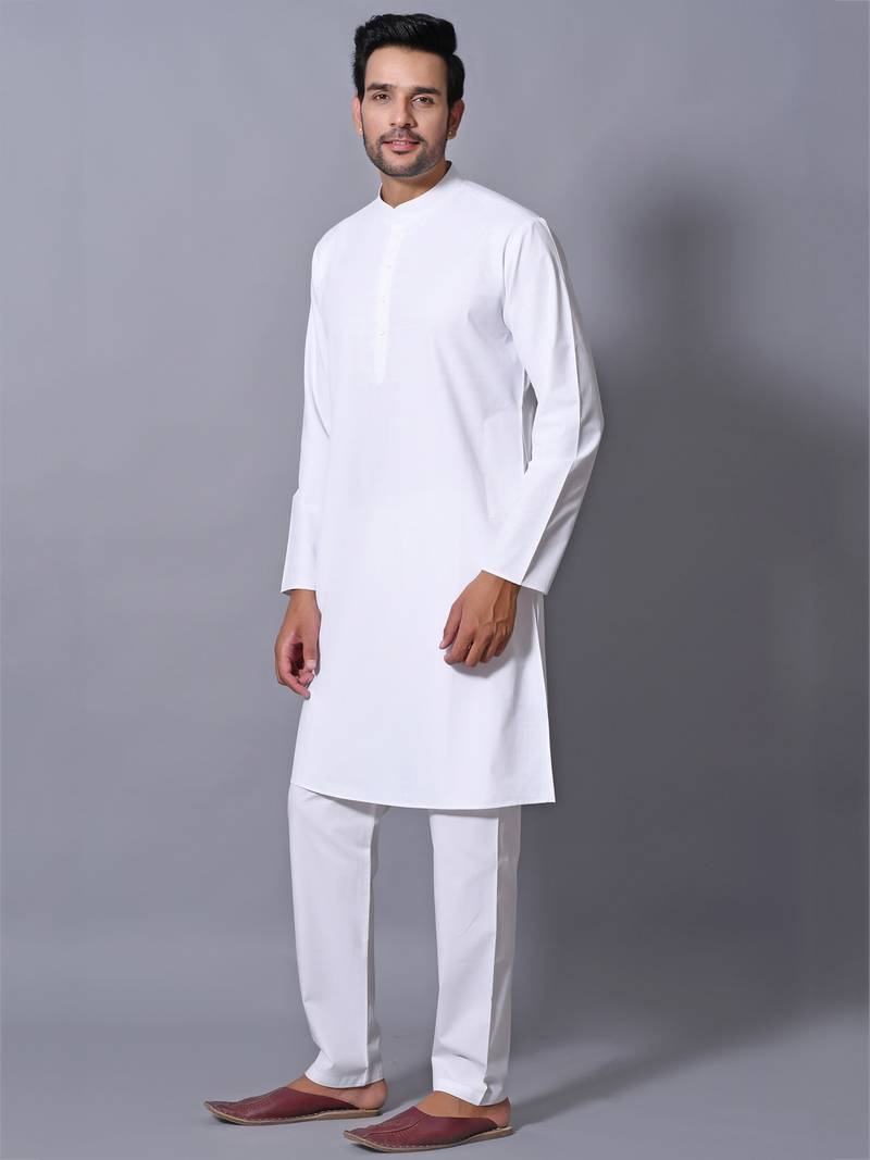 Men's White Cotton Blend Patterned Straight Kurta Payjama Set