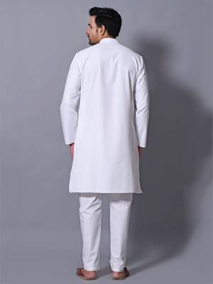 Men's White Cotton Blend Patterned Straight Kurta Payjama Set 5