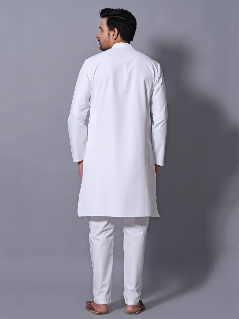Men's White Cotton Blend Patterned Straight Kurta Payjama Set