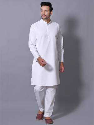 Men's White Cotton Blend Patterned Straight Kurta Payjama Set 1