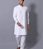 Men's White Cotton Blend Patterned Straight Kurta Payjama Set