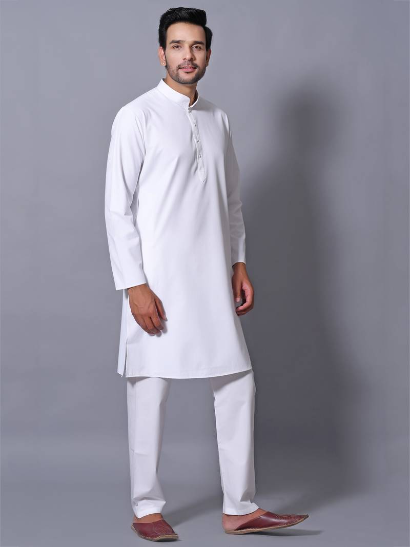Men's White Cotton Blend Patterned Straight Kurta Payjama Set