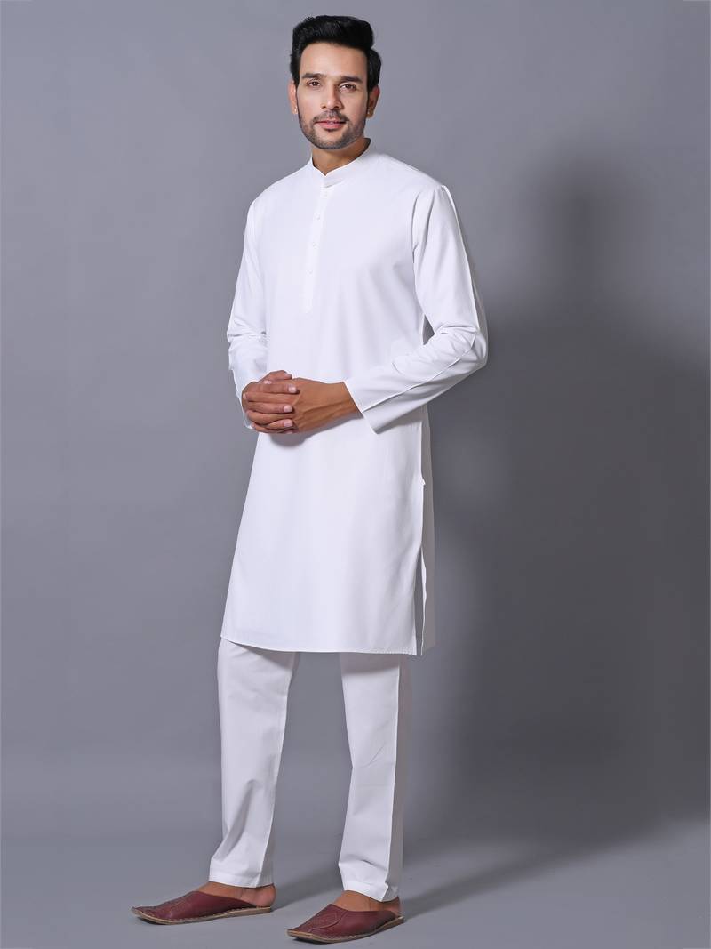 Men's White Cotton Blend Patterned Straight Kurta Payjama Set