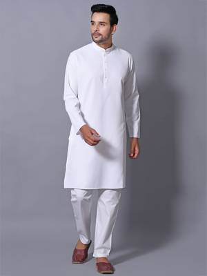 Men's White Cotton Blend Patterned Straight Kurta Payjama Set 1