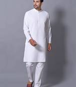 Men's White Cotton Blend Patterned Straight Kurta Payjama Set