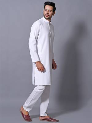 Men's White Cotton Blend Patterned Straight Kurta Payjama Set 2