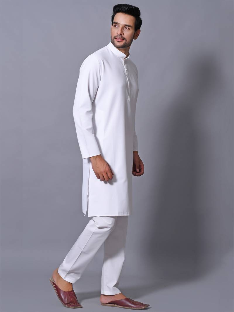 Men's White Cotton Blend Patterned Straight Kurta Payjama Set