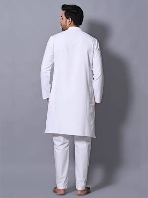 Men's White Cotton Blend Patterned Straight Kurta Payjama Set 3