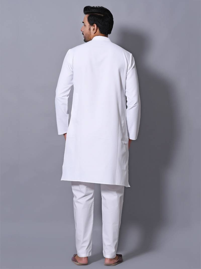 Men's White Cotton Blend Patterned Straight Kurta Payjama Set