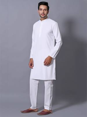 Men's White Cotton Blend Patterned Straight Kurta Payjama Set 4