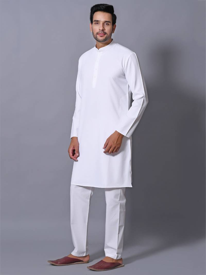 Men's White Cotton Blend Patterned Straight Kurta Payjama Set