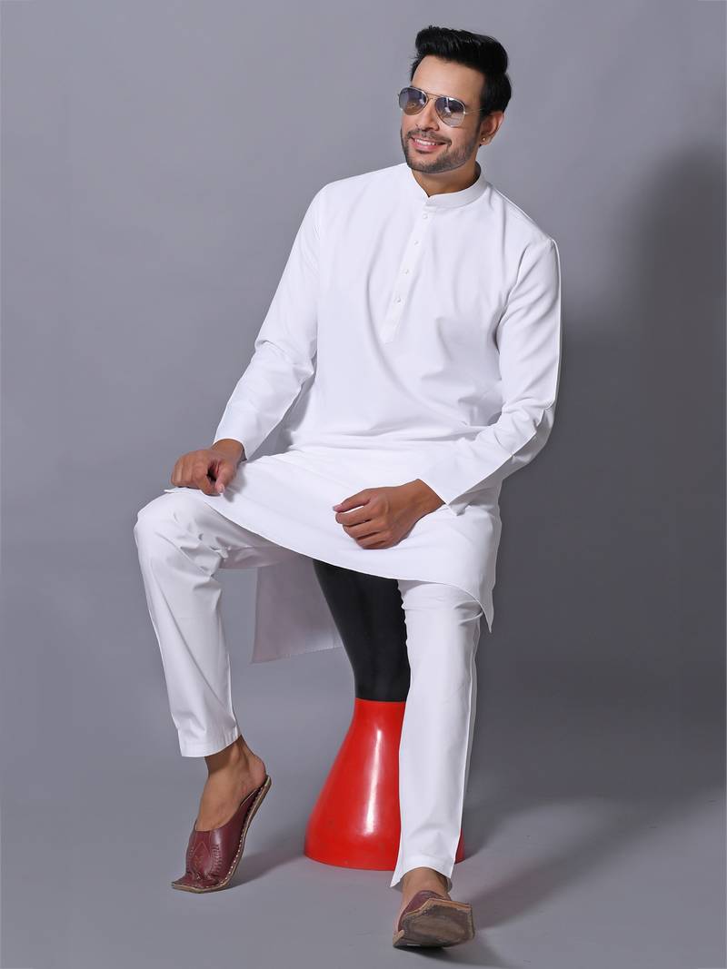 Men's White Cotton Blend Patterned Straight Kurta Payjama Set