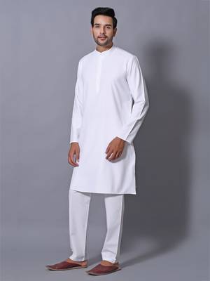 Men's White Cotton Blend Patterned Straight Kurta Payjama Set 1