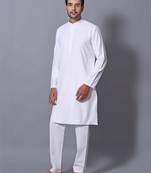 Men's White Cotton Blend Patterned Straight Kurta Payjama Set