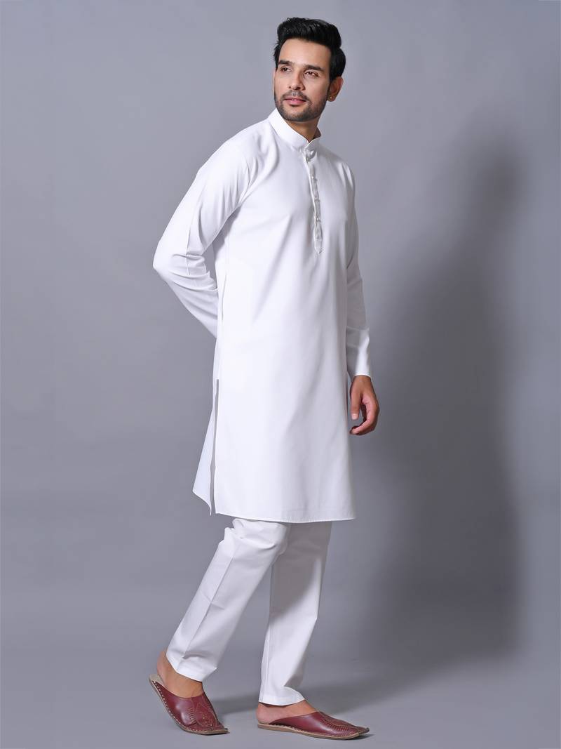 Men's White Cotton Blend Patterned Straight Kurta Payjama Set