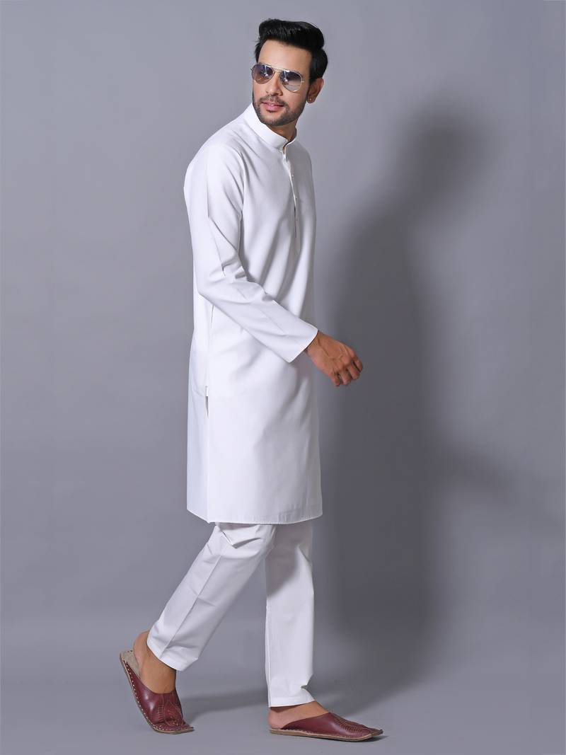 Men's White Cotton Blend Patterned Straight Kurta Payjama Set