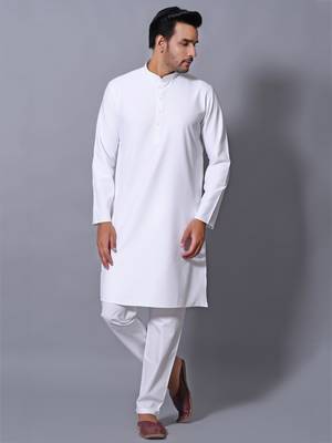 Men's White Cotton Blend Patterned Straight Kurta Payjama Set 4