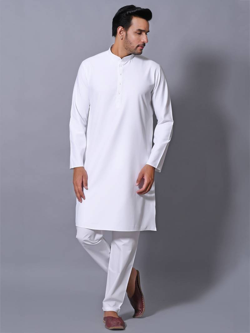 Men's White Cotton Blend Patterned Straight Kurta Payjama Set