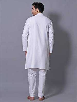 Men's White Cotton Blend Patterned Straight Kurta Payjama Set 5