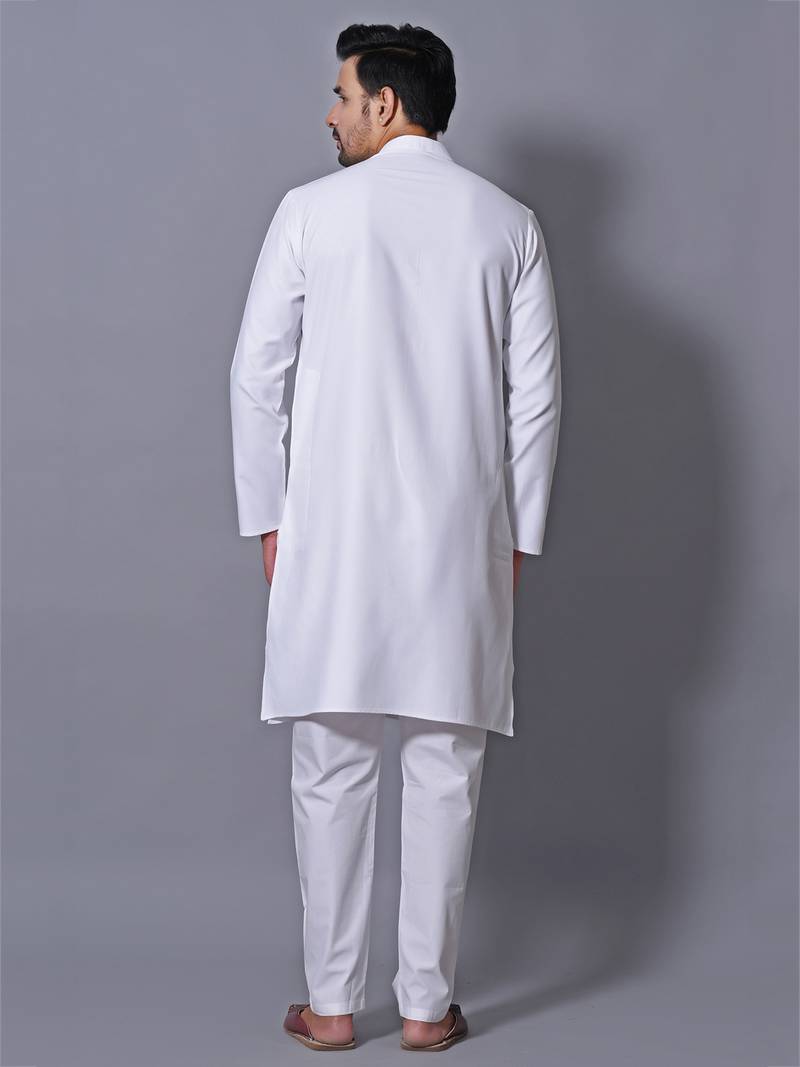 Men's White Cotton Blend Patterned Straight Kurta Payjama Set