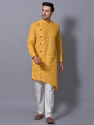 Men's Yellow Cotton Blend Printed Asymetric Kurta Payjama Set 1