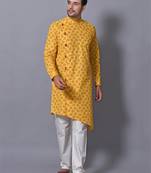 Men's Yellow Cotton Blend Printed Asymetric Kurta Payjama Set