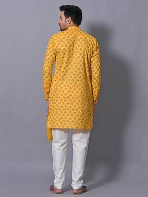 Men's Yellow Cotton Blend Printed Asymetric Kurta Payjama Set 2