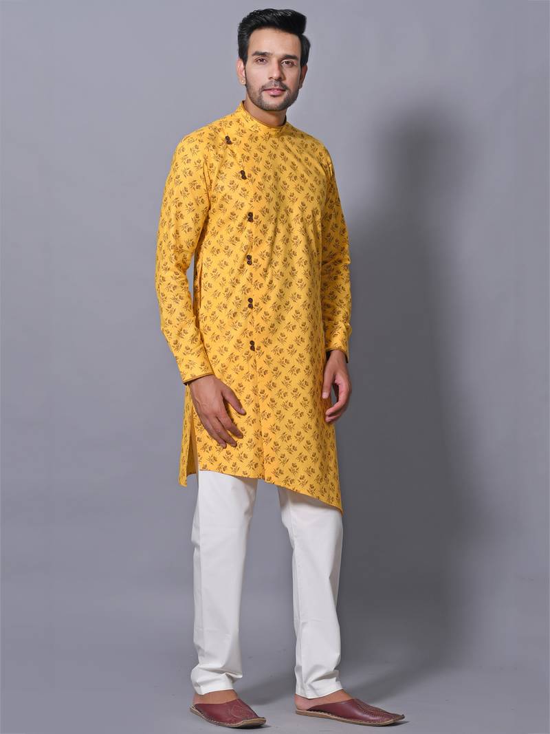 Men's Yellow Cotton Blend Printed Asymetric Kurta Payjama Set