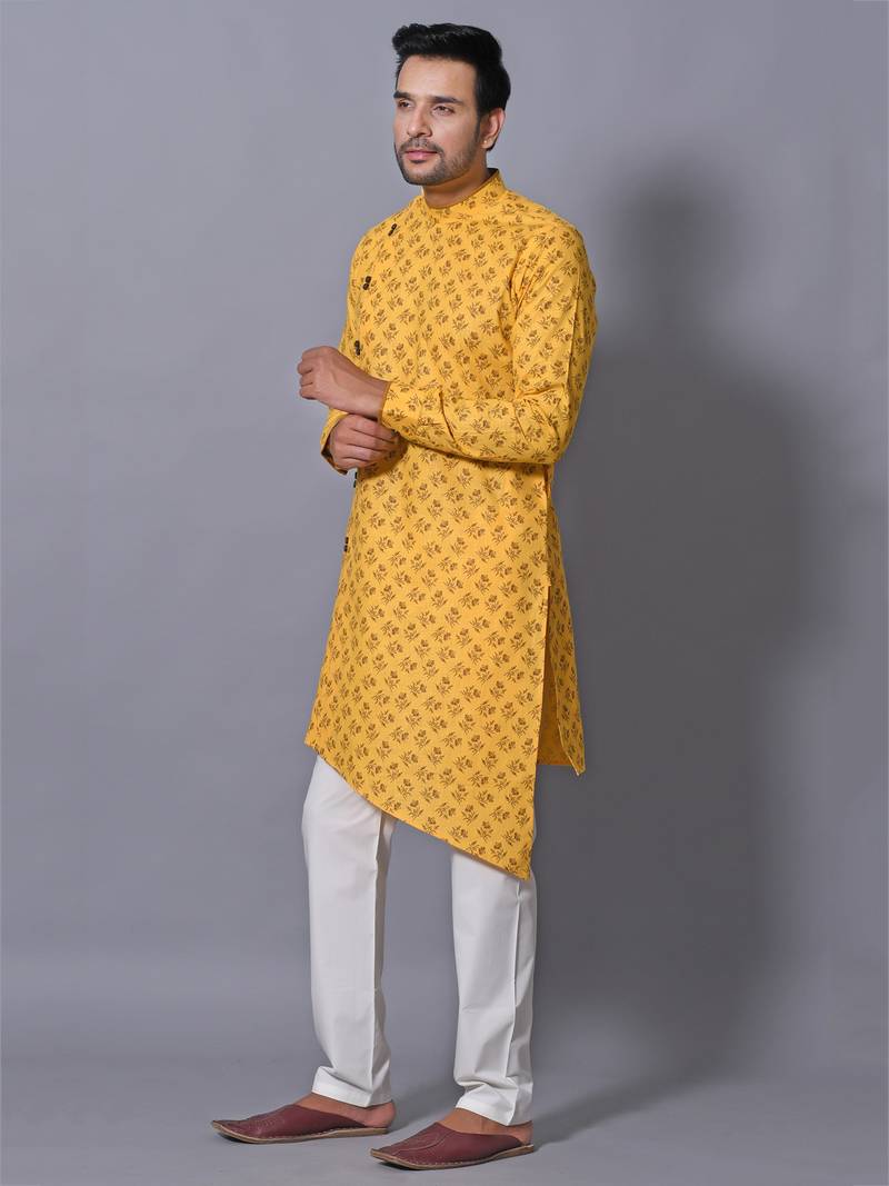 Men's Yellow Cotton Blend Printed Asymetric Kurta Payjama Set