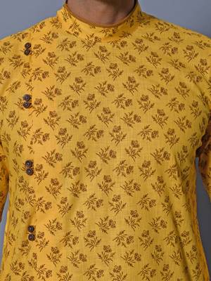 Men's Yellow Cotton Blend Printed Asymetric Kurta Payjama Set 5
