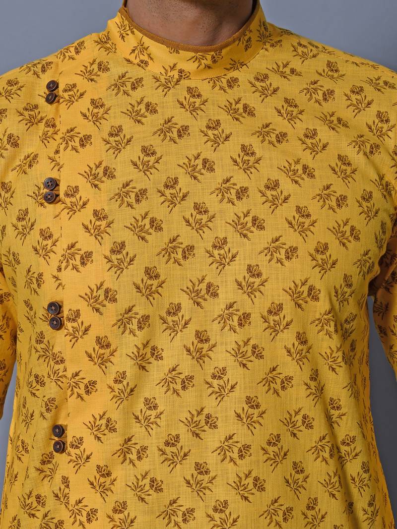 Men's Yellow Cotton Blend Printed Asymetric Kurta Payjama Set