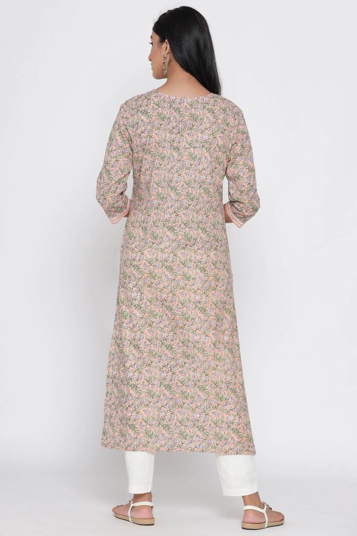 Women's Peach Cotton Cambric Block Print Straight Kurta