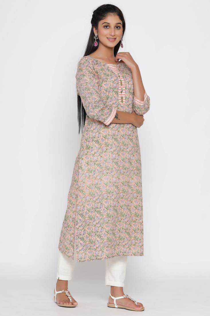Women's Peach Cotton Cambric Block Print Straight Kurta