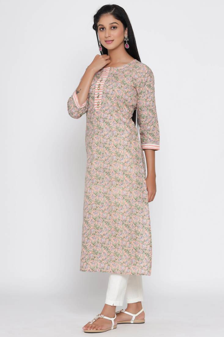 Women's Peach Cotton Cambric Block Print Straight Kurta